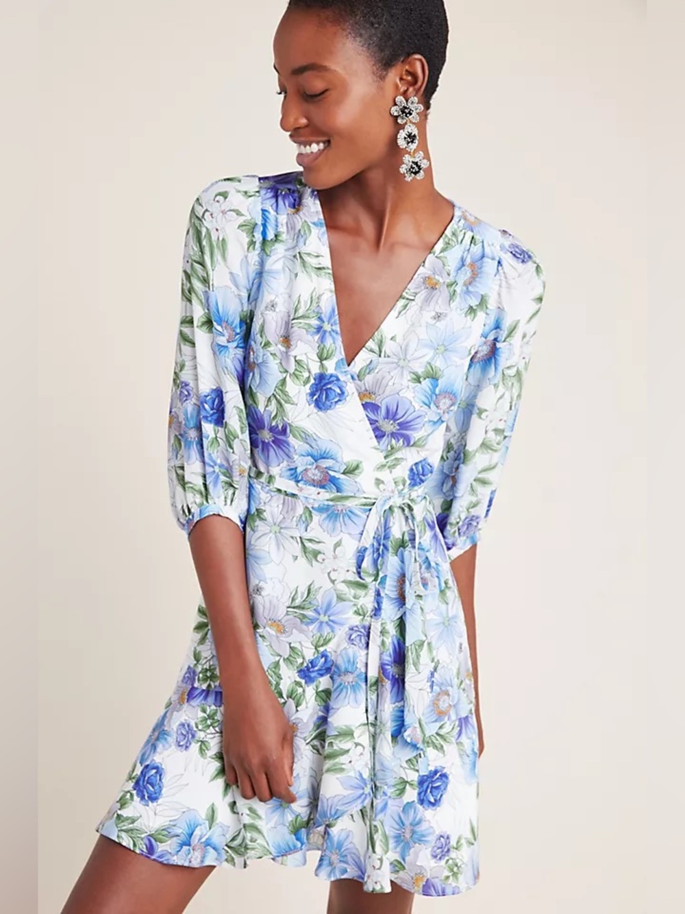 Yumi Kim | Anthropologie Silk Blend Wrap Dress | Blue & White Floral | Sz Small